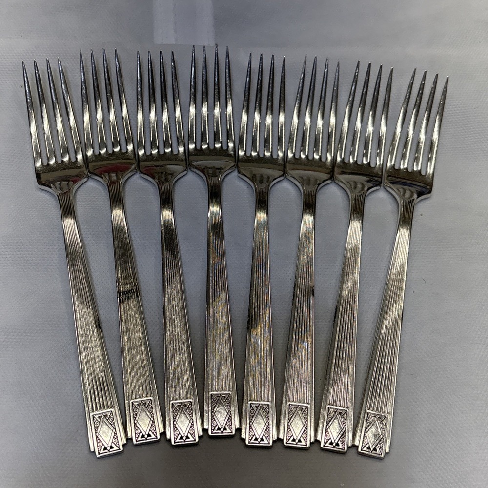 Set Of 8 Community Plate NOBLESSE SilverPlate 1930 Art Deco Dinner Forks 7 1/8"